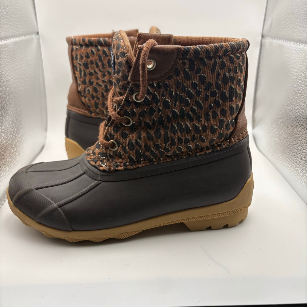 Sperry Saltwater Leopard Print Duck Boots Brown Kids Girls Waterproof Shoes - Picture 11 of 11